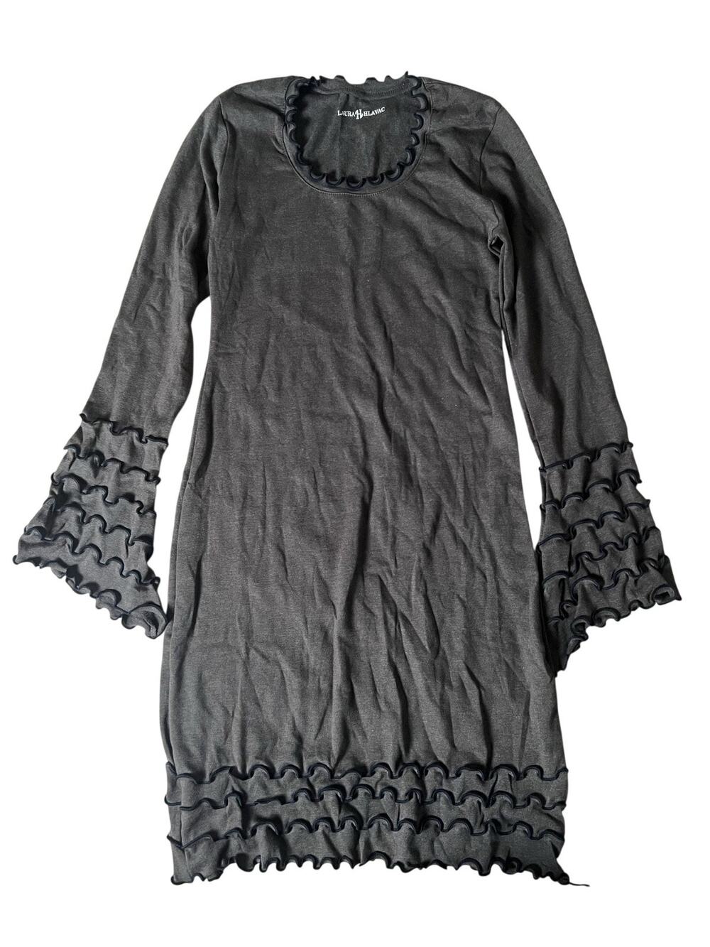 LAURA HLAVAC Dress Womens S Gray Sweater Dress Scoop Neck Bell Sleeve Ruffle